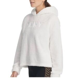 DKNY Sport White Faux Shearling Crop Hoodie Warm Comfy Size Large